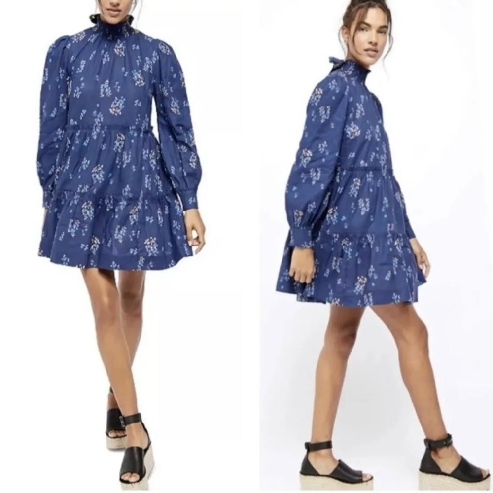 Free People‎ Sz Medium Blue Floral  Long Sleeve Open Back Boho Tunic Mini Dress